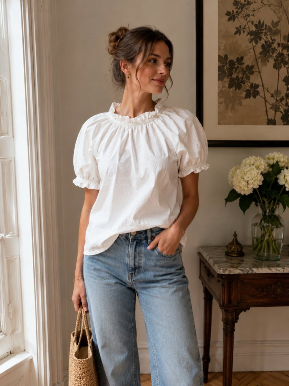 Hill House The Kit Top Xs White Ruffle Neck Puff Sleeve Cotton Poplin Blouse